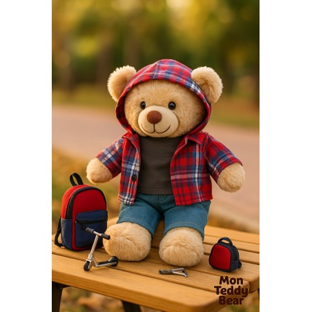 Knuffelkleding 40 cm – “Weekend Denim Grijs” set (grijs T-shirt, geruite hoodie, jeans) – Ref. Y1004