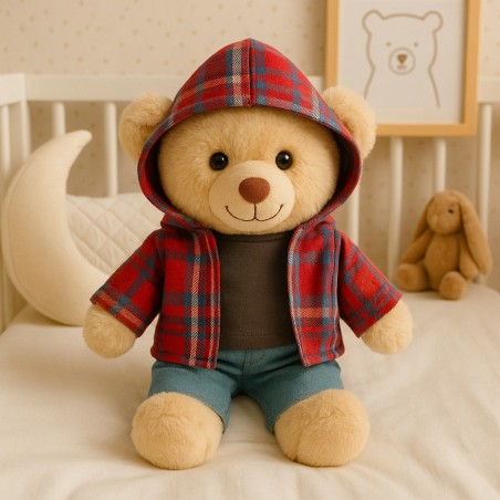 Knuffelkleding 40 cm – “Weekend Denim Grijs” set (grijs T-shirt, geruite hoodie, jeans) – Ref. Y1004