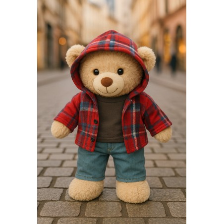 Knuffelkleding 40 cm – “Weekend Denim Grijs” set (grijs T-shirt, geruite hoodie, jeans) – Ref. Y1004