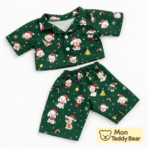 Vêtement pour peluche 40 cm – Pyjama “Chiots et Chatons Festifs” vert à motifs de Noël – Réf. Y3008