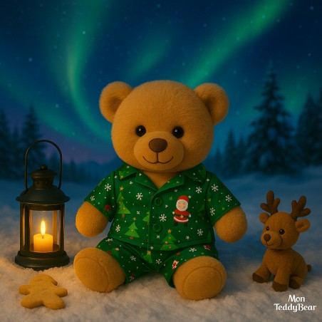 Pyjama vert de Noël pour peluche 40 cm – Réf. 3026 Teddy Mountain – ensemble à motifs sapins et bonhommes de neige
