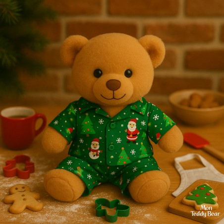 Pyjama vert de Noël pour peluche 40 cm – Réf. 3026 Teddy Mountain – ensemble à motifs sapins et bonhommes de neige