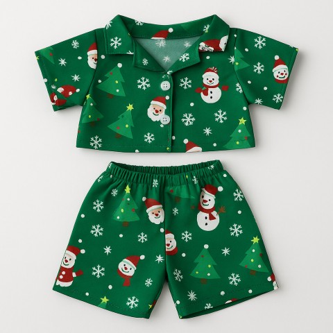 Pyjama vert de Noël pour peluche 40 cm – Réf. 3026 Teddy Mountain – ensemble à motifs sapins et bonhommes de neige