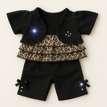 Tenue pour peluche Black Jacket & Leggin Outfit Y269 – boléro noir et haut léopard.