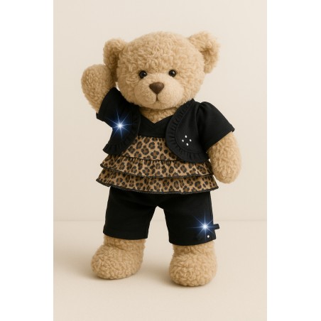 Tenue pour peluche Black Jacket & Leggin Outfit Y269 – boléro noir et haut léopard.