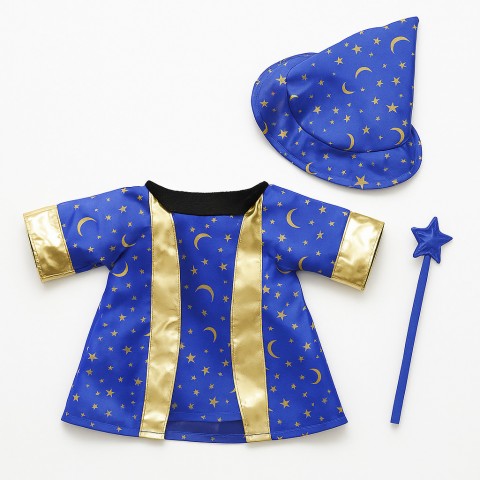 Tenue pour peluche Costume de Magicien Bleu 2947 – chapeau, robe et baguette dorée.