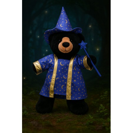 Tenue pour peluche Costume de Magicien Bleu 2947 – chapeau, robe et baguette dorée.