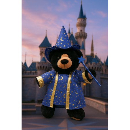 Tenue pour peluche Costume de Magicien Bleu 2947 – chapeau, robe et baguette dorée.