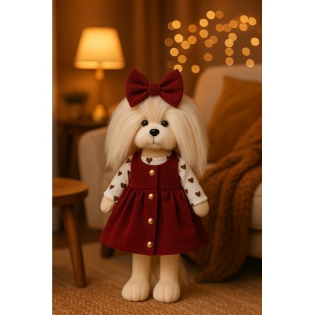 Ensemble Lucky Doggy Velvet Love L128 – robe bordeaux et haut à cœurs.