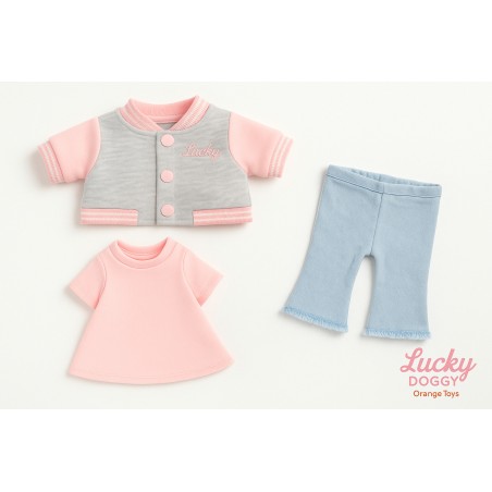 Lucky Doggy – Ensemble Sweet College L125 : blouson teddy gris et rose, robe rose, jean clair