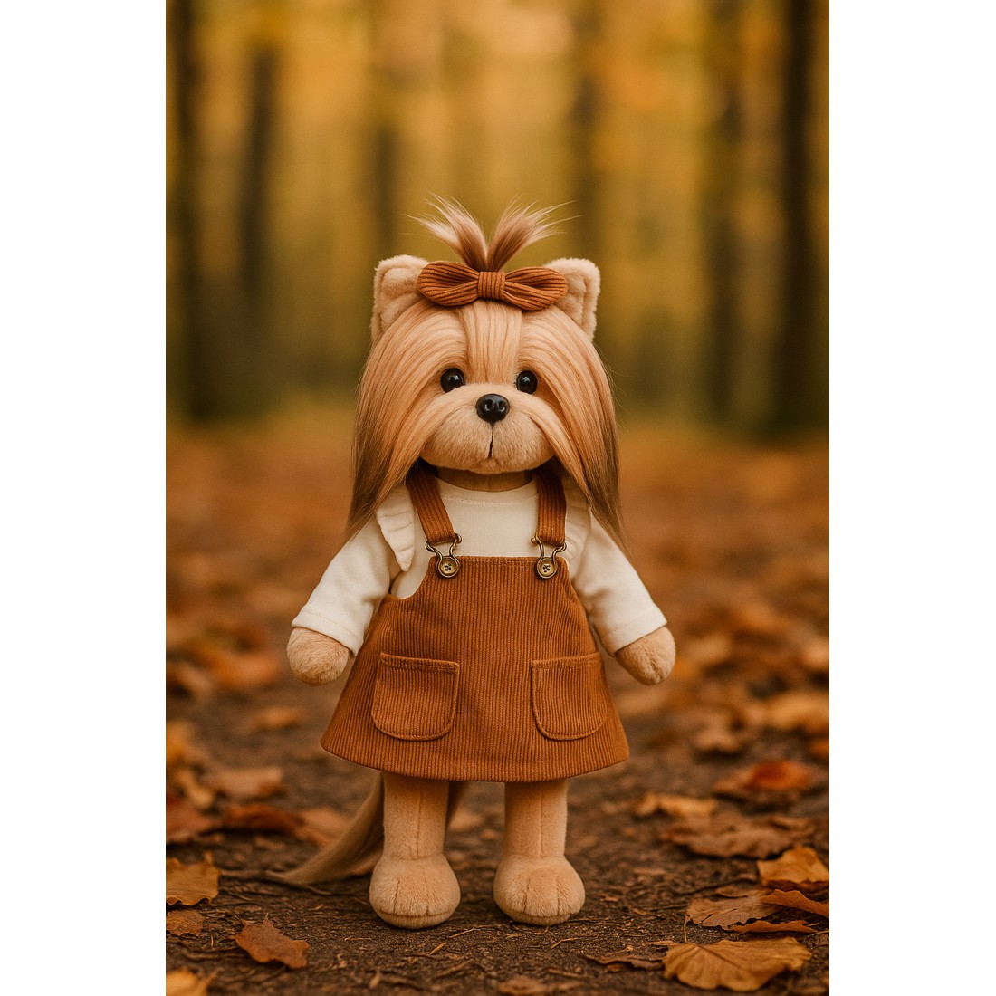 Ensemble Autumn Mood Réf. L112 pour peluche Lucky Doggy avec blouse crème, salopette marron et nœud assorti. Ensemble Autumn Mood Réf. L112 pour peluche Lucky Doggy avec blouse crème, salopette marron et nœud assorti.