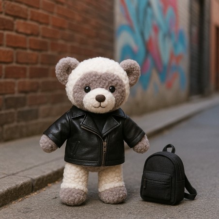 Zwarte kunstleren bikerjas voor 40 cm knuffel – Ref. Y040