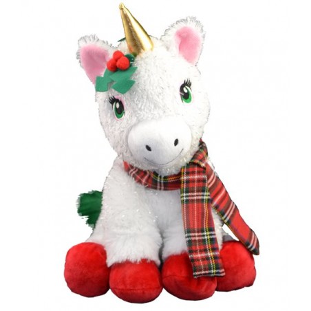 Joy la Licorne de Noël – Peluche blanche scintillante avec corne dorée, écharpe tartan et décor houx – Réf. 620