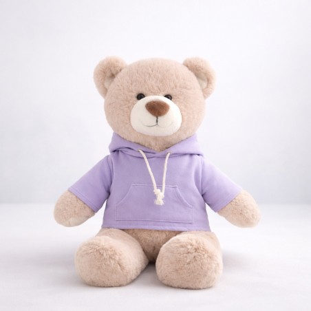 Peluche 40 à 45 cm habillée avec sweat à capuche violet clair – Réf. Y235