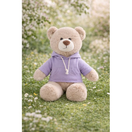 Peluche 40 à 45 cm habillée avec sweat à capuche violet clair – Réf. Y235