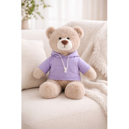 Knuffel 40 tot 45 cm gekleed met lichtpaarse hoodie – Ref Y235