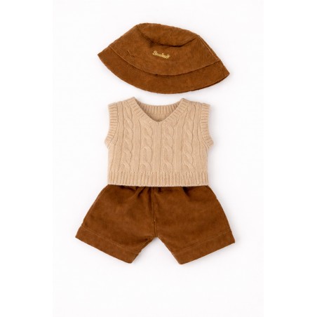 Vintage Chic 3-Piece Outfit for 40 cm Plush – Knitted Sweater Vest, Brown Pants and Corduroy Bucket Hat