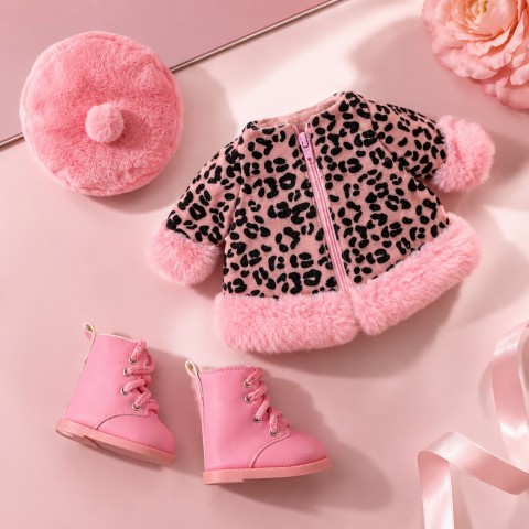 Lucky Doggy Clothing Set Mon Amour L093 manteau rose léopard avec béret et bottines