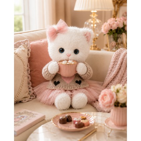 Ensemble peluche Lucky Doggy – Cœur rose : pull, robe tutu, nœud