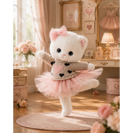 Ensemble peluche Lucky Doggy – Cœur rose : pull, robe tutu, nœud