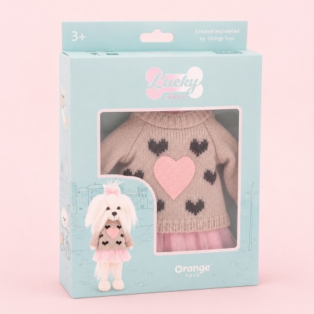 Ensemble peluche Lucky Doggy – Cœur rose : pull, robe tutu, nœud