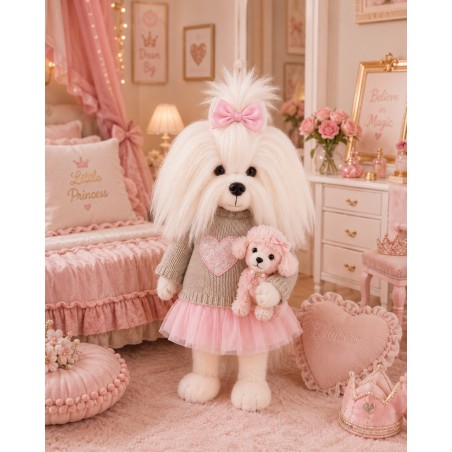 Ensemble peluche Lucky Doggy – Cœur rose : pull, robe tutu, nœud