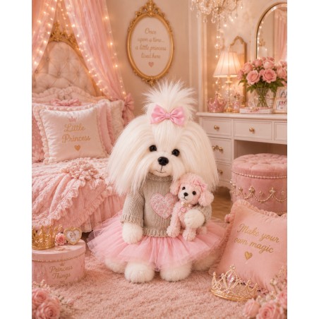 Ensemble peluche Lucky Doggy – Cœur rose : pull, robe tutu, nœud