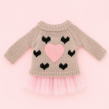 Ensemble peluche Lucky Doggy – Cœur rose : pull, robe tutu, nœud