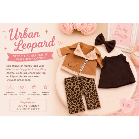 Ensemble Leopard Outfit Réf. L131 pour peluche Lucky Doggy, pantalon léopard, top marron, blouson camel et nœud.