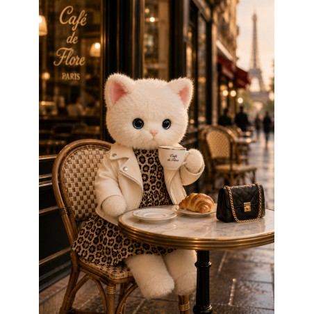 Leopard Dress & White Biker Jacket Outfit for Lucky Doggy Plush – Rock Style 40 cm
