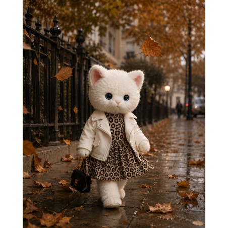 Set: Leopardenkleid & weiße Bikerjacke für Lucky Doggy 40 cm – rockiger Stil