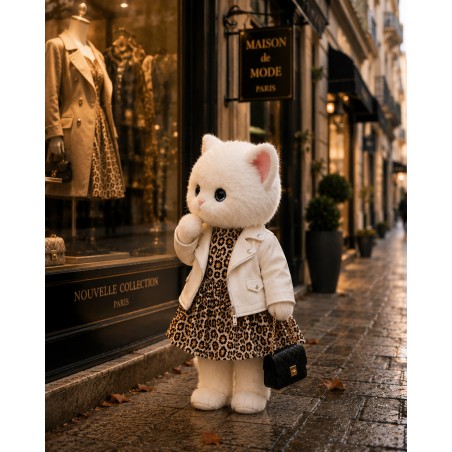Leopard Dress & White Biker Jacket Outfit for Lucky Doggy Plush – Rock Style 40 cm