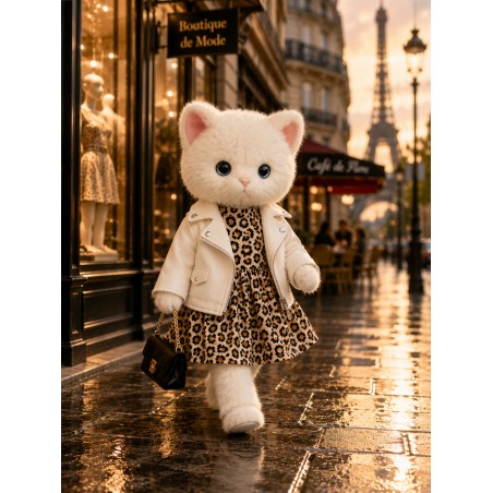 Leopard Dress & White Biker Jacket Outfit for Lucky Doggy Plush – Rock Style 40 cm