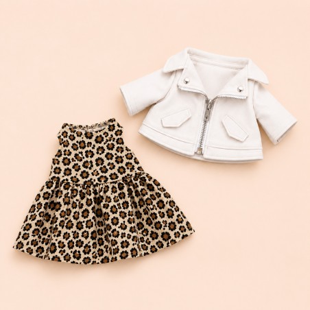 Leopard Dress & White Biker Jacket Outfit for Lucky Doggy Plush – Rock Style 40 cm