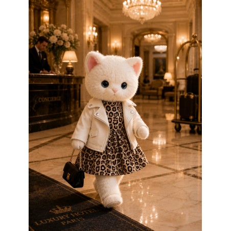 Leopard Dress & White Biker Jacket Outfit for Lucky Doggy Plush – Rock Style 40 cm