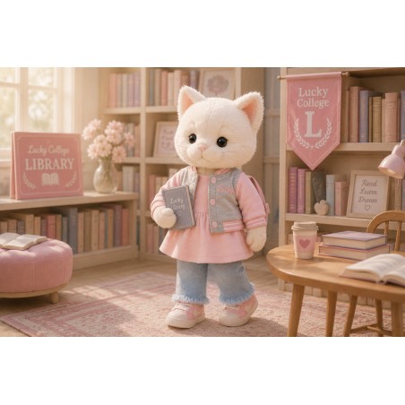 Lucky Doggy – Sweet College Set L125: Pink & Grey Teddy Jacket, Pink Dress, Light Denim Jeans