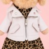 Peluche chien debout en robe léopard, veste zippée blanche et bandeau assorti