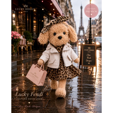 Plüschhund im Leopardenkleid mit weißer Jacke und Stirnband