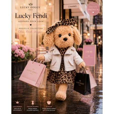 Plüschhund im Leopardenkleid mit weißer Jacke und Stirnband