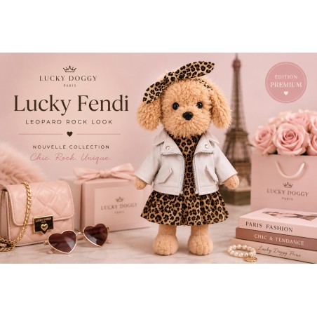 Plüschhund im Leopardenkleid mit weißer Jacke und Stirnband