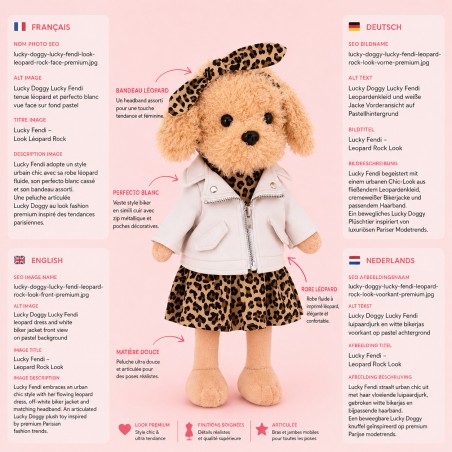 Plüschhund im Leopardenkleid mit weißer Jacke und Stirnband