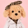 Plush dog in leopard dress, white zip jacket and matching headband