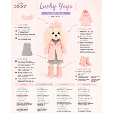 Lucky Yoyo Lavender Evening Réf. LD5/100 – Peluche Lucky Doggy articulée manteau rose et robe grise