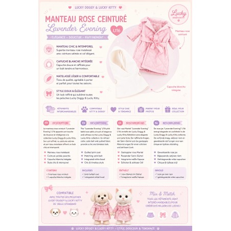 Lucky Doggy manteau rose ceinturé Lavender Evening L116 pour peluche