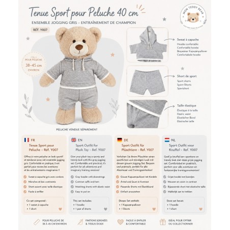 Sportoutfit voor knuffel 40 cm – Grijze jogging – Training voor Kampioenen