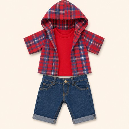 Plush clothes 40 cm – “Weekend Denim” outfit flat lay (red t-shirt, hooded check shirt, jeans) – Ref. Y1003