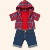 Plush clothes 40 cm – “Weekend Denim” outfit flat lay (red t-shirt, hooded check shirt, jeans) – Ref. Y1003