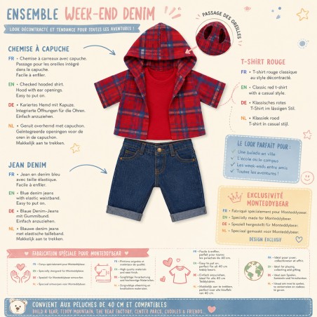 Knuffelkleding 40 cm – “Weekend Denim” set plat gepresenteerd (rood T-shirt, geruite hoodie, jeans) – Ref. Y1003