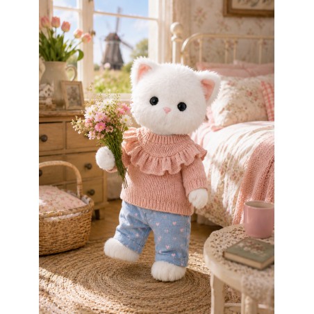 Lucky Kitty and Lucky Doggy outfit LA01 with pink sweater and blue heart-print trousers.