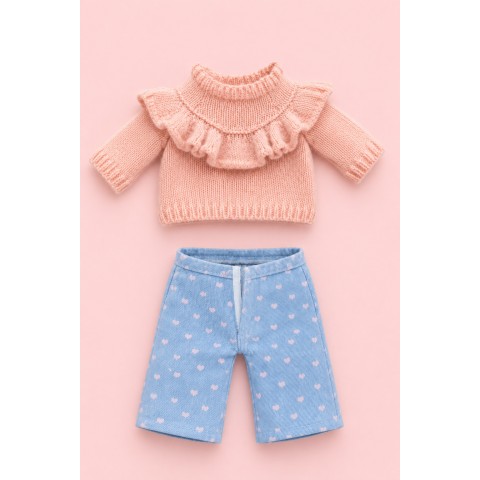 Lucky Kitty en Lucky Doggy outfit LA01 met roze trui en blauwe hartjesbroek.